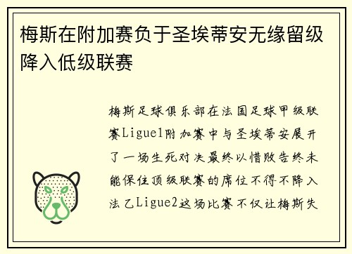 梅斯在附加赛负于圣埃蒂安无缘留级降入低级联赛